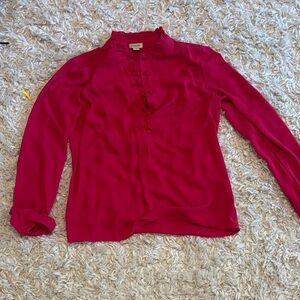 J. Crew Ruffle-Trim Long Sleeve Silk Blouse in Deep Fuchsia